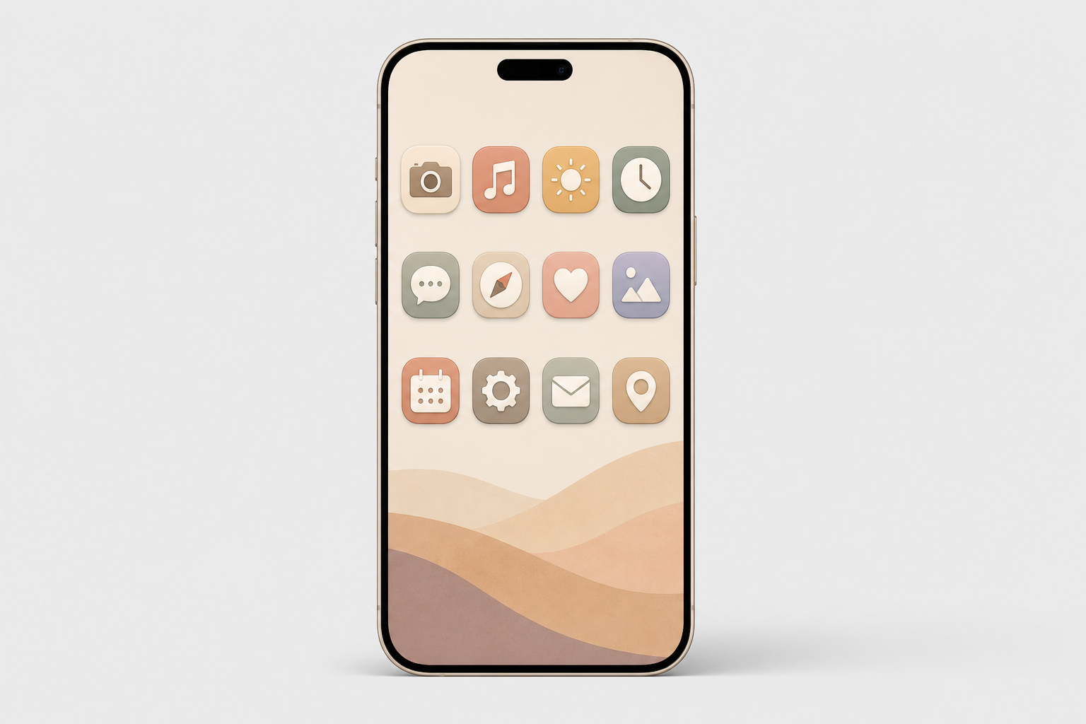 An iPhone home screen with a coordinated custom icon pack theme in a warm beige and pastel aesthetic