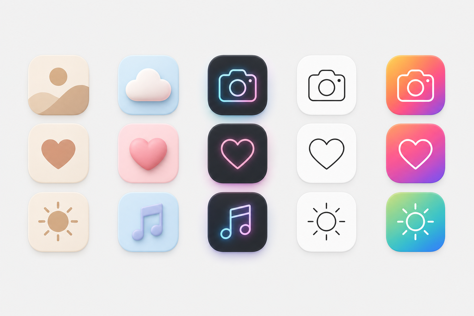 Five iPhone icon styles compared side by side