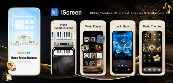 iScreen Dynamic Island Piano on an iPhone with Grammy-inspired music widgets on the home screen