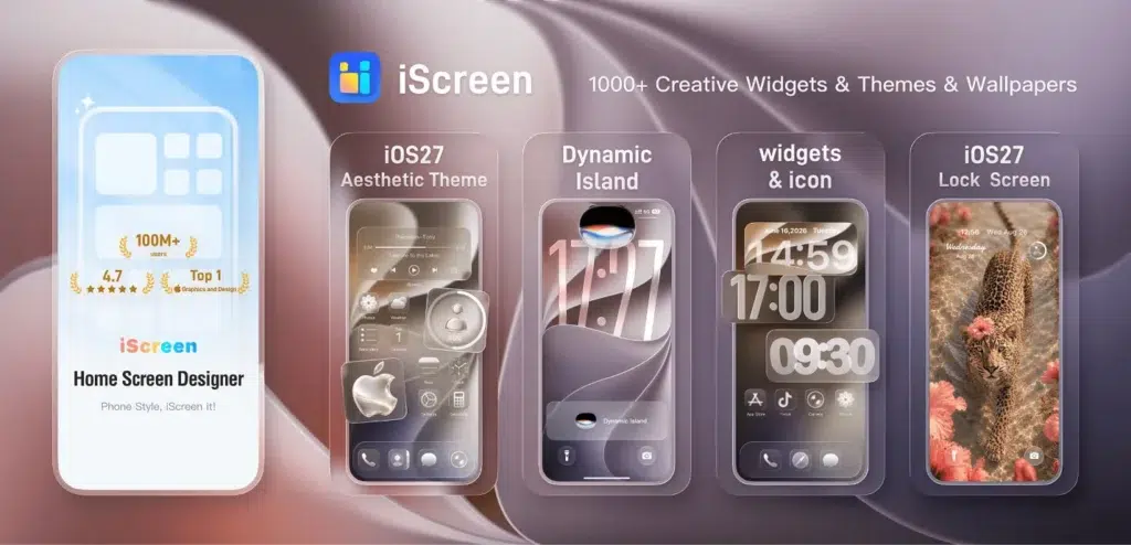 iPhone home screen featuring iScreen Liquid Glass themes with transparent layers and matching icons