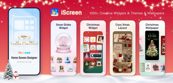 iScreen Snow Globe widget on an iPhone home screen with snowmen, reindeer, and a Christmas tree inside the globe