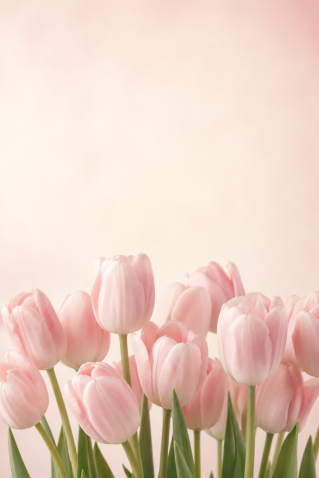 Blush pink tulips along the bottom of a soft ivory and pale pink background