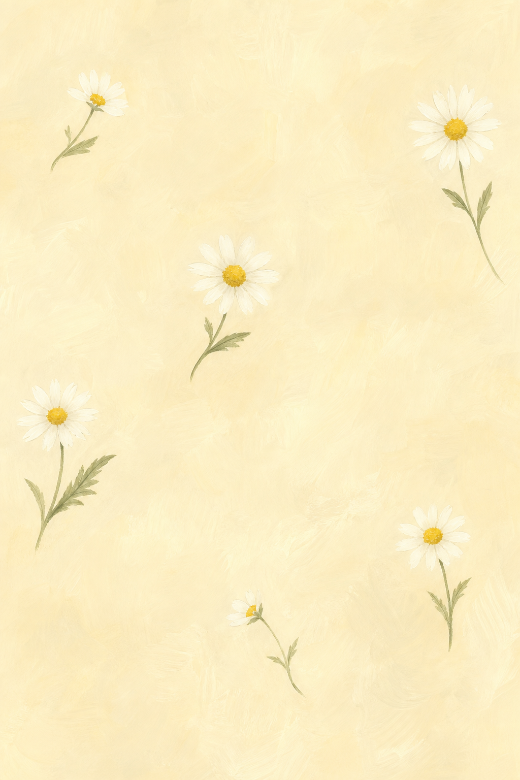 Small white daisies with yellow centers scattered over a pale cream background