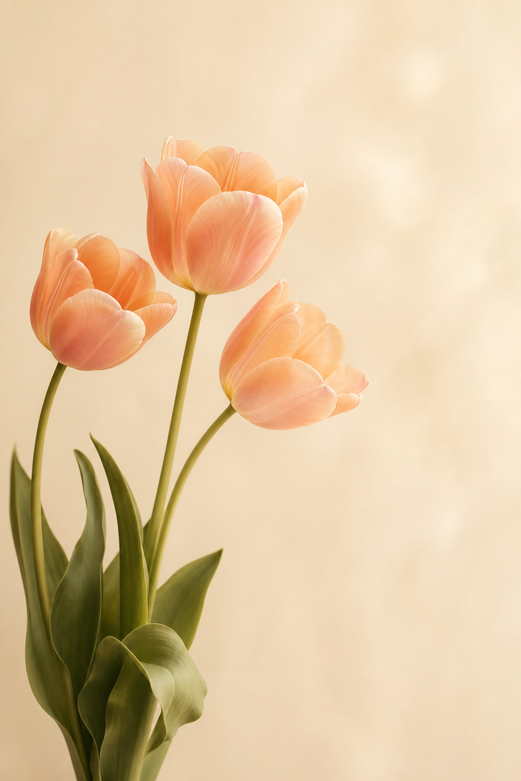 Three slender peach tulip stems rising from the lower left against warm cream