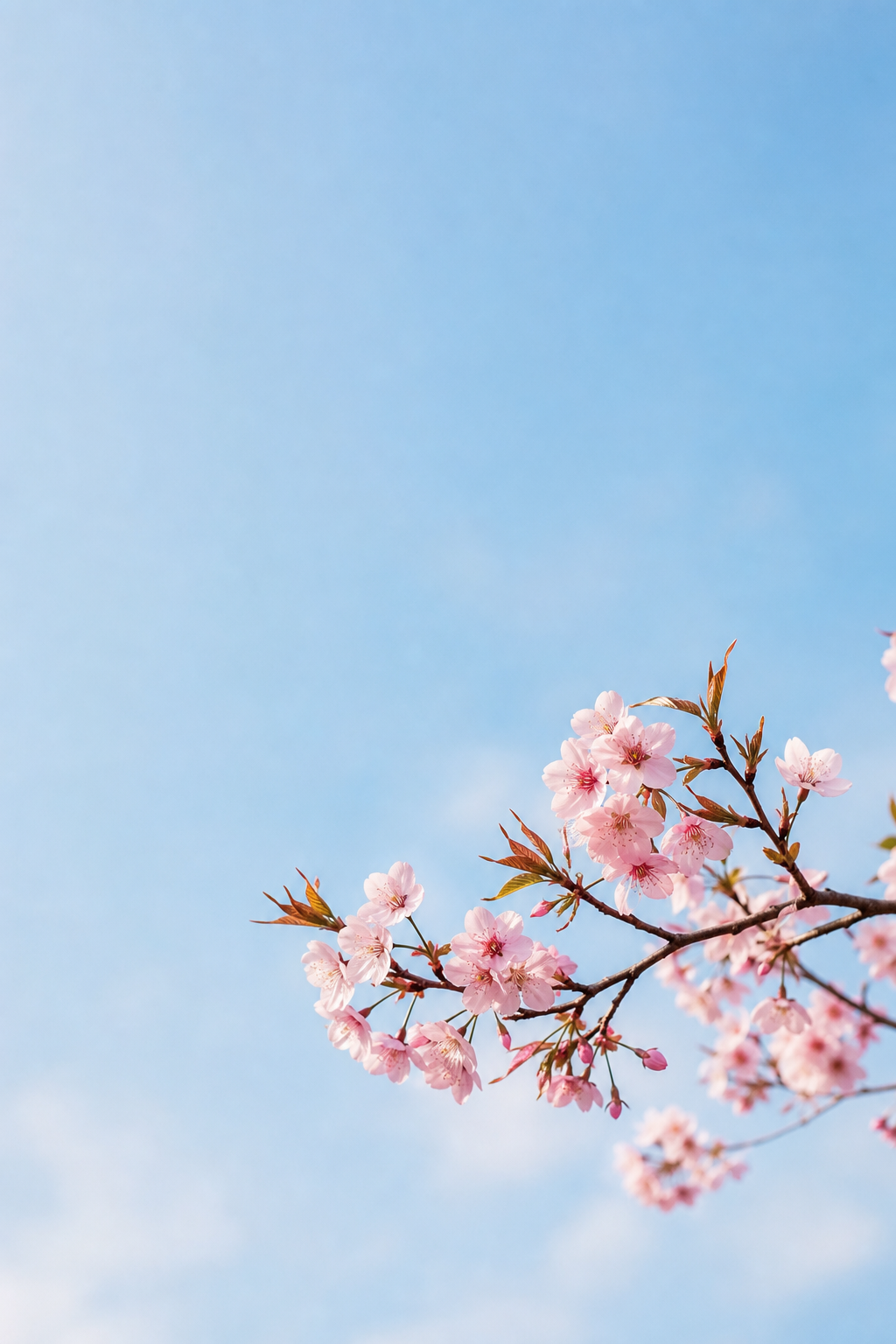A cherry blossom branch with blush flowers against a pale blue spring sky