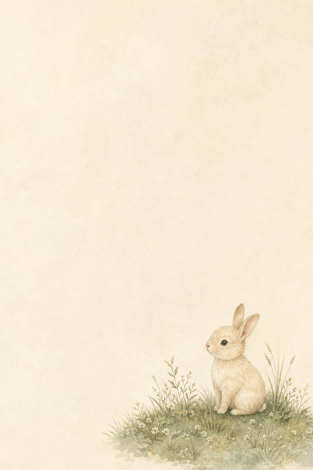 A small cream bunny sitting on sage grass in the lower right of a cream background