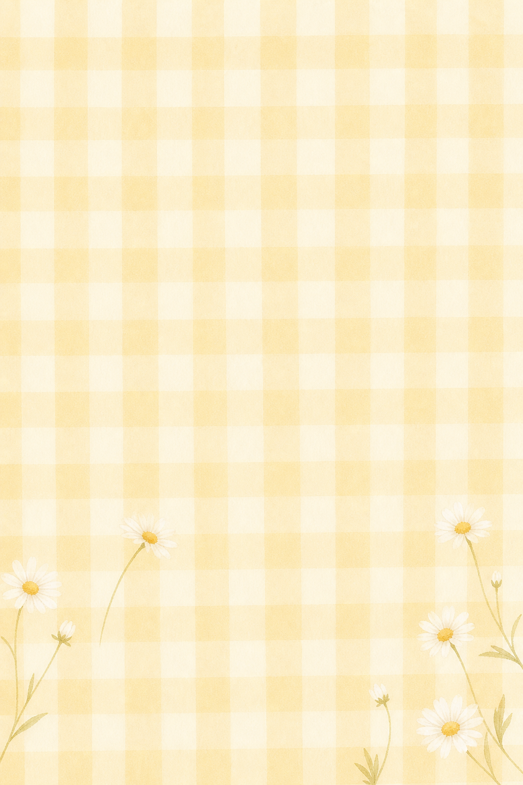 Tiny white daisies near the edges of a soft cream and butter-yellow gingham pattern