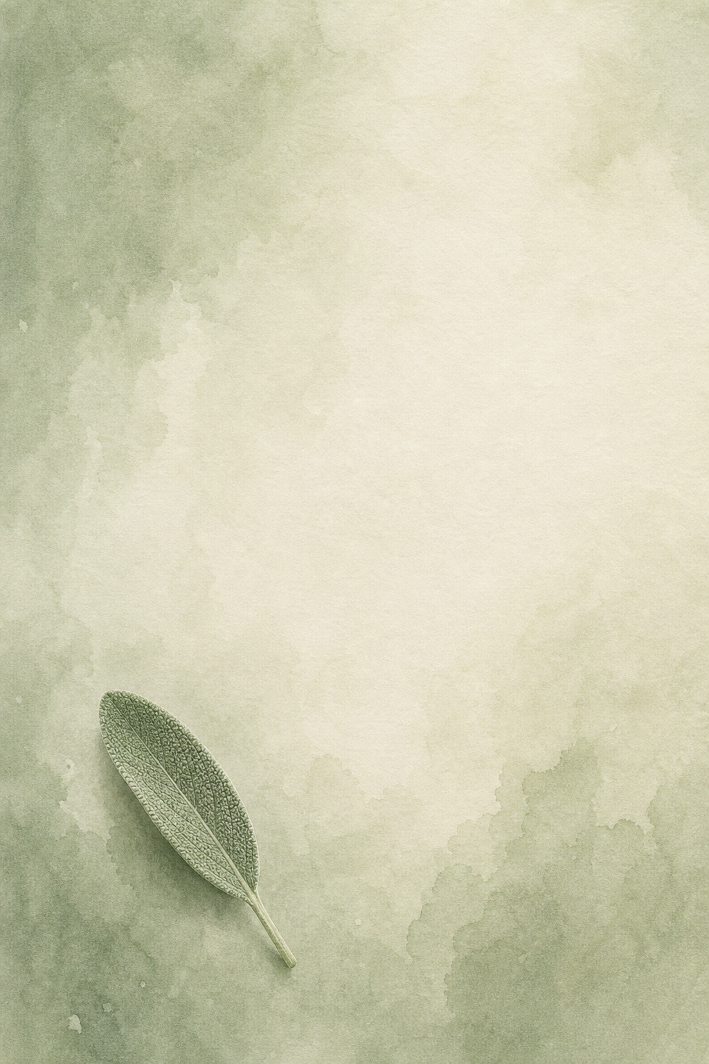 A small sage leaf on a sage-to-cream watercolor background with subtle paper texture