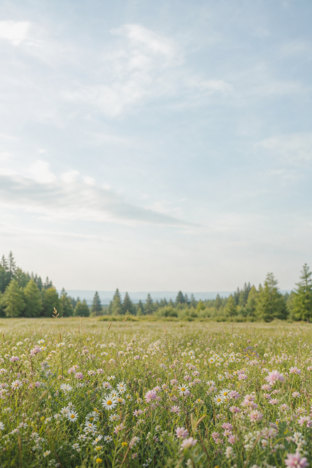 A spring meadow of daisies and blush flowers below a distant forest and pale blue sky