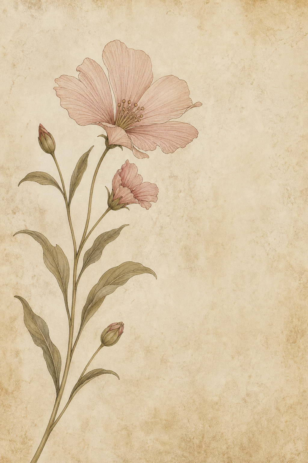 A delicate flowering stem in muted olive and dusty pink on warm cream paper
