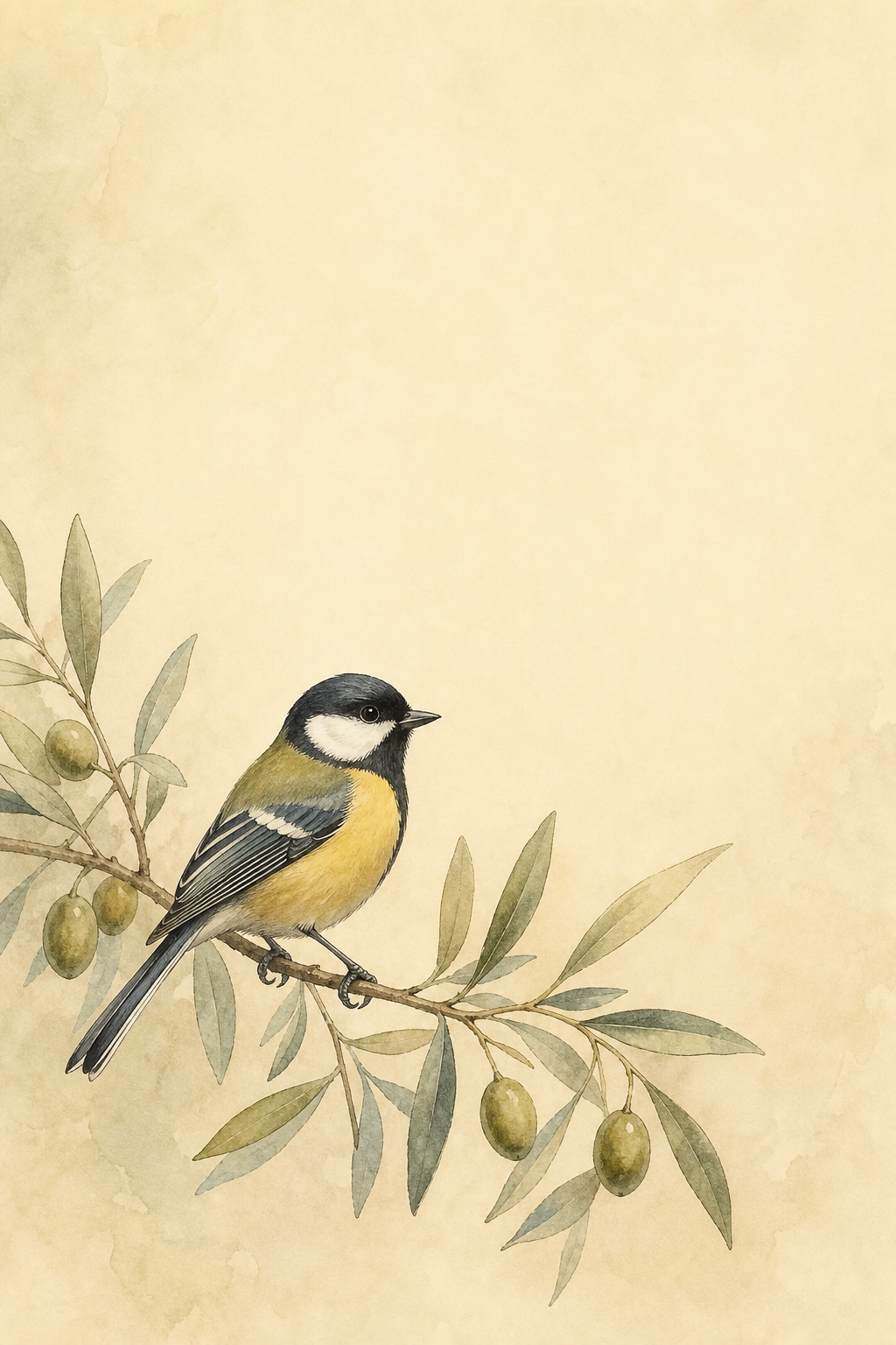 A small watercolor songbird perched on an olive branch against a cream background