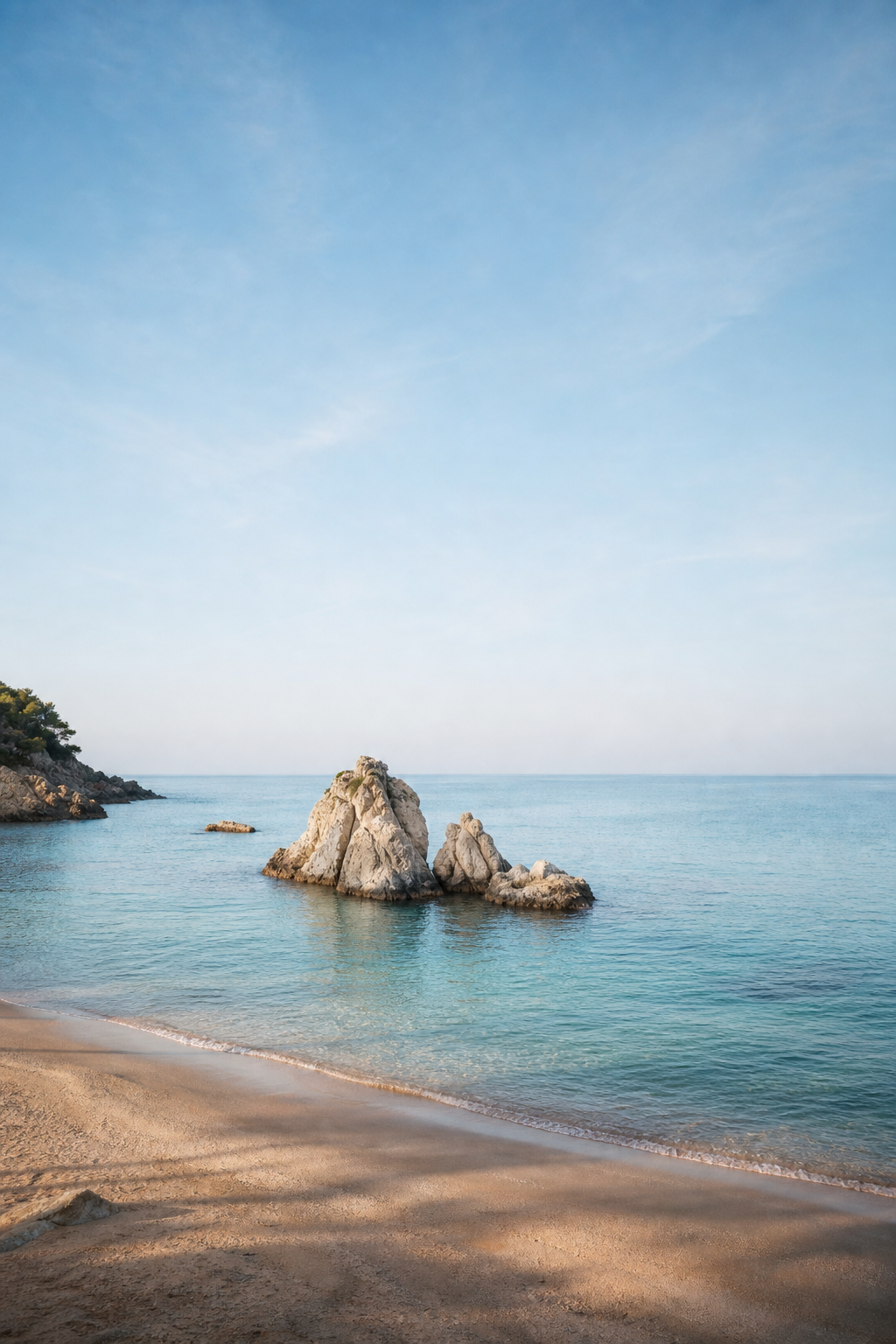 Quiet blue sea horizon above warm sand