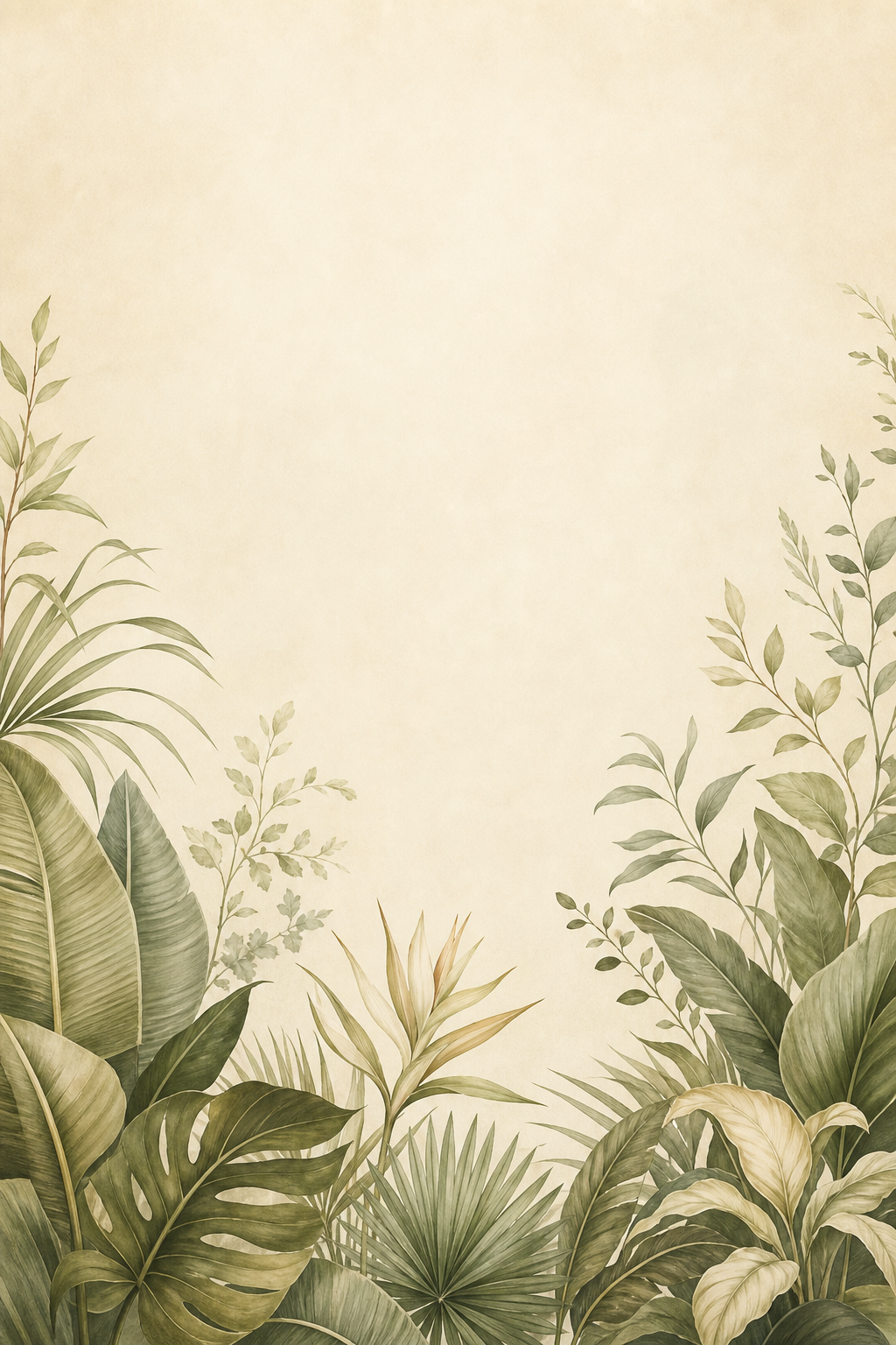 Sage tropical leaves framing a cream background