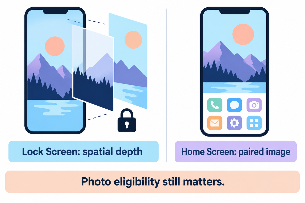 Spatial Scene adds Lock Screen depth while the paired Home Screen keeps the image without that effect.