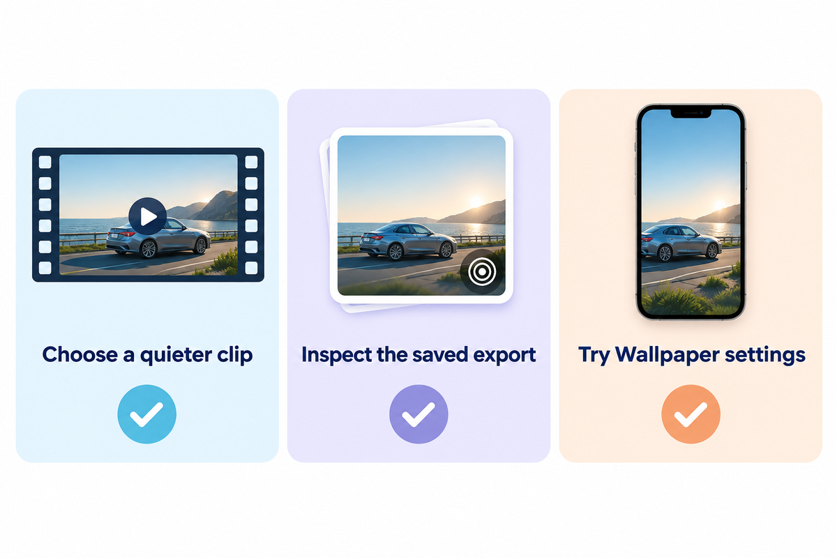 Check the source clip, saved Live Photo export and wallpaper acceptance separately.