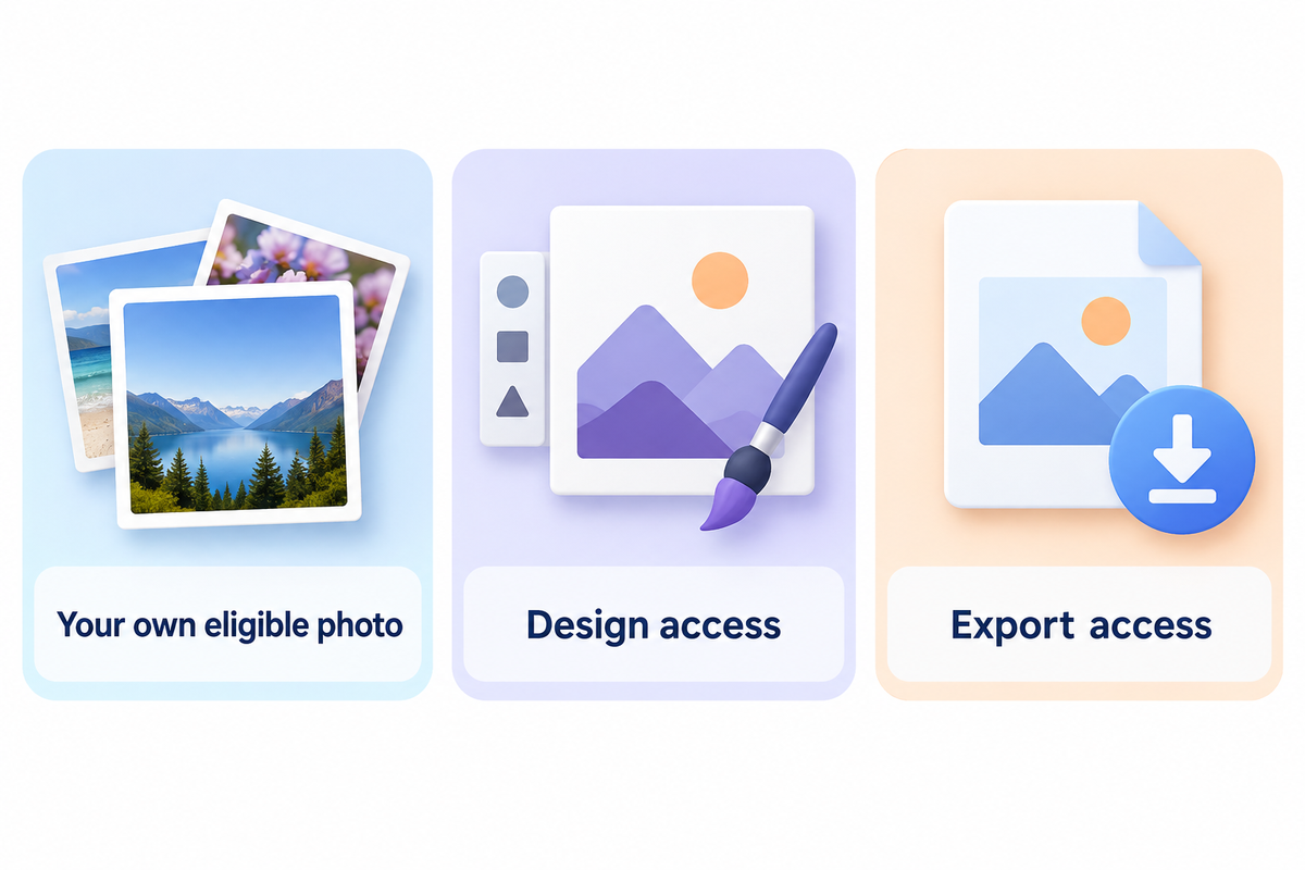 Compare native photo use with the access terms for a selected design and export.