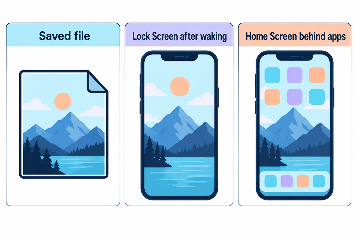 Compare the saved file, the awakened Lock Screen and the Home Screen behind apps.