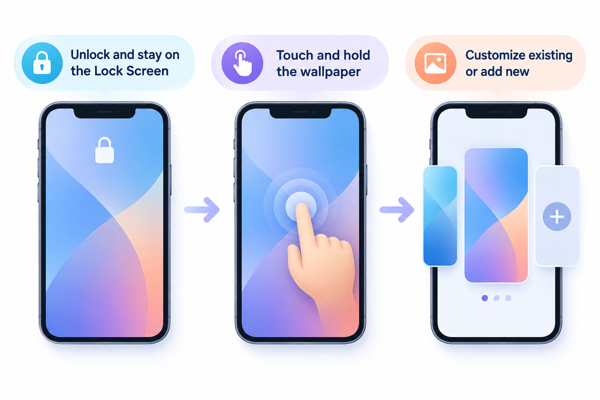 Authenticate and hold the Lock Screen before choosing Customize or a new layout; Apple system guidance.