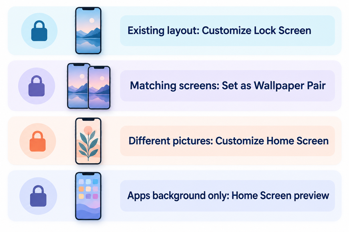 Choose a wallpaper pair or customize the Home Screen separately; Apple wallpaper save choices.