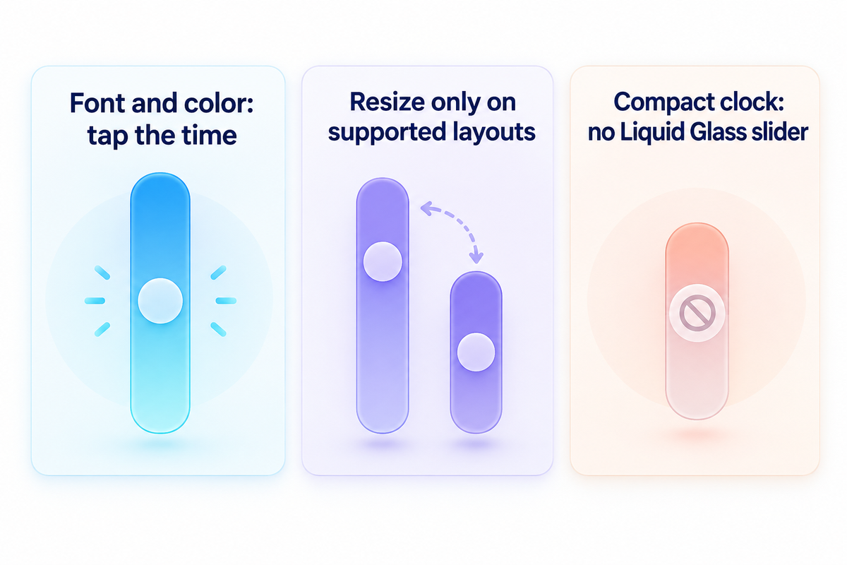 Choose readable clock size and color; compact mode has no glass slider, per the cited MacRumors guide.