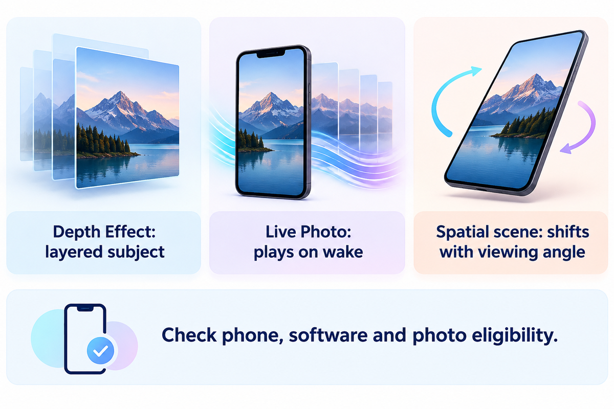 Depth layers, Live Photo plays on wake, and spatial scenes shift with viewing angle; Apple photo-effect guidance.