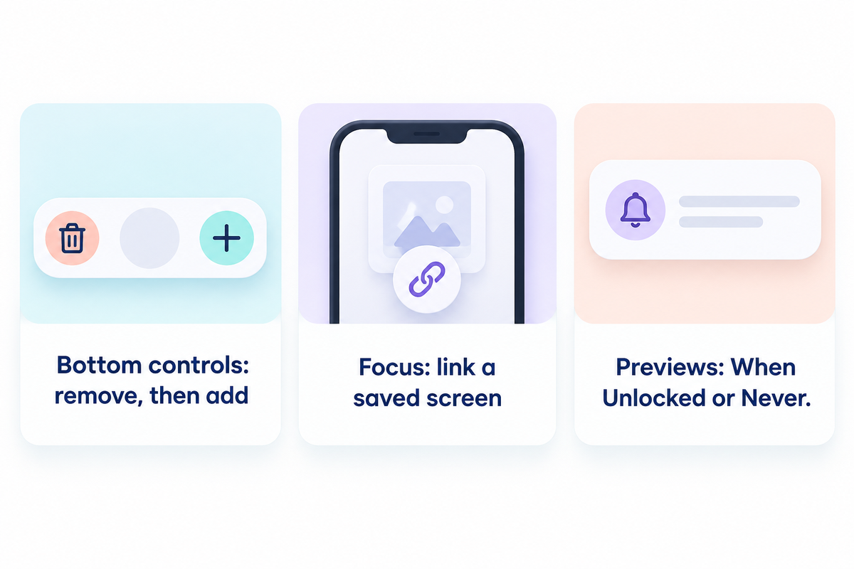 Bottom controls, linked Focus and notification previews use separate settings; Apple system guidance.