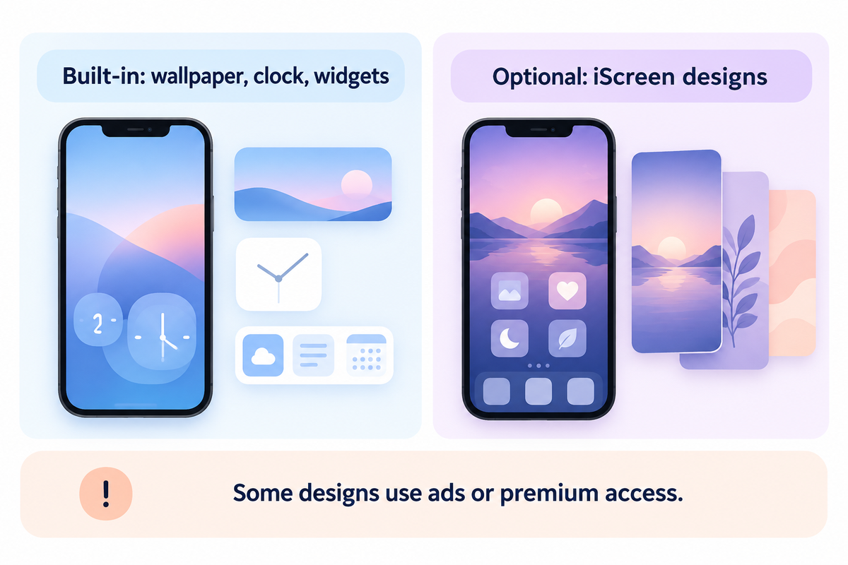 Built-in customization needs no theme app; some iScreen designs require ads or premium access, per its FAQ.