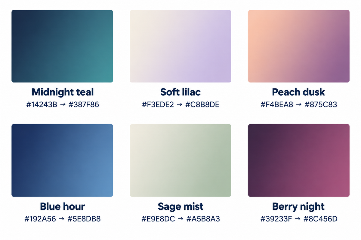Six original gradient palettes provide exact color stops and different light or dark starting points.
