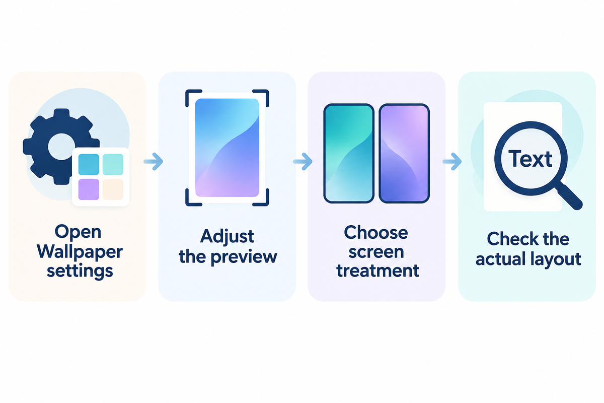 Preview the wallpaper, choose paired or separate screen treatments and check the actual text layout.