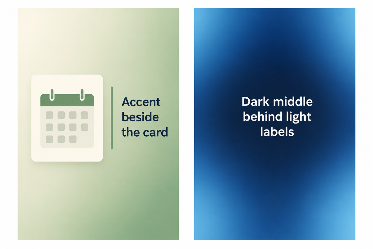 Keep the sage accent beside a widget card or use a darker blue middle behind light app labels.