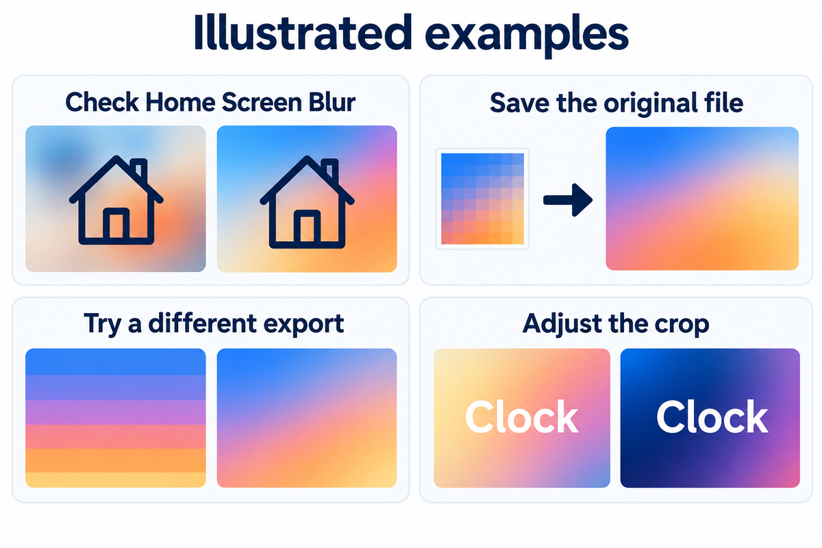 Identify Home Screen blur, a soft original, visible color bands or a shifted bright area before adjusting it.