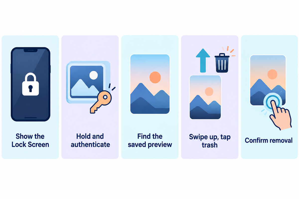 Five conceptual steps: Lock Screen, authenticate, select preview, swipe up and tap trash, then confirm.