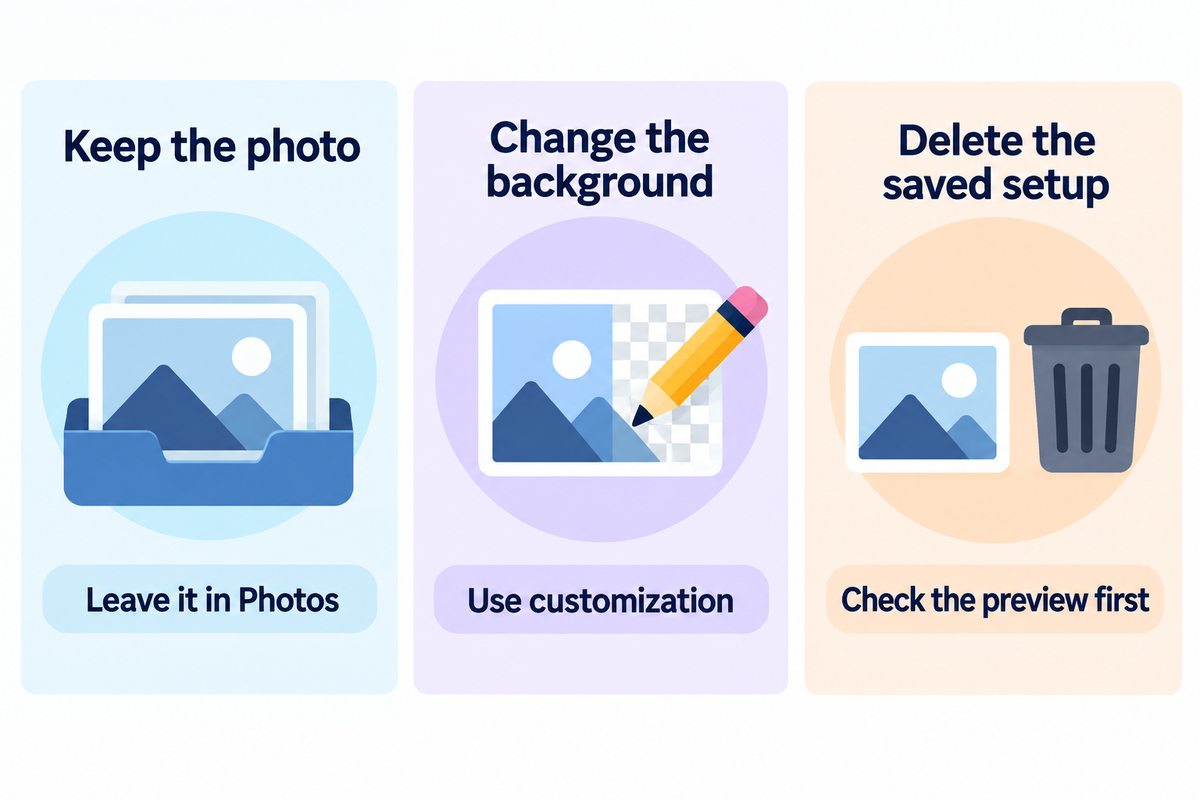 Keep, change or delete: compare the photo library, wallpaper editor and saved-gallery preview.