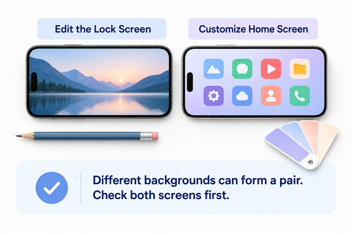 Two conceptual screens show separate backgrounds within one wallpaper pair, with a reminder to check both.