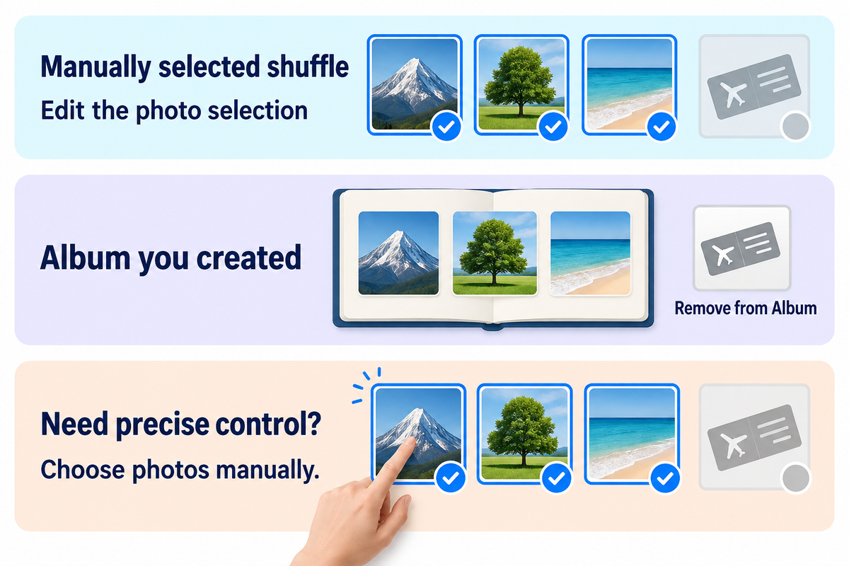 Photo Shuffle routes for manually selected photos, an album you created, or a new manual selection.