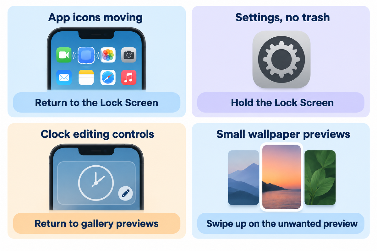 Four screen symptoms and next actions for locating the wallpaper gallery deletion control.