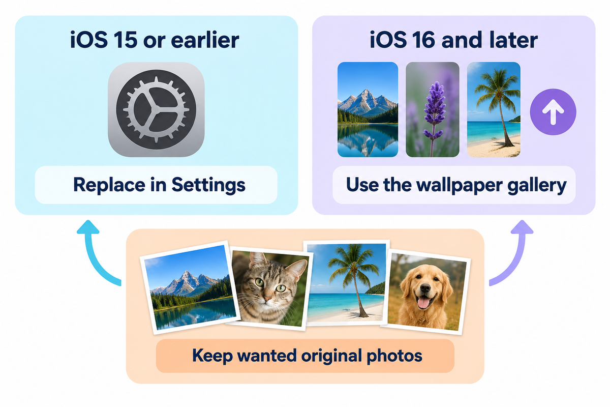 Version comparison: replace the background in Settings on older software or use the gallery on iOS 16 and later.
