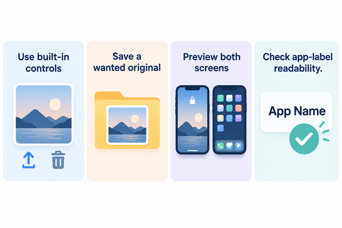 Replacement wallpaper checklist: native controls, saved original, both screen previews and readable app labels.