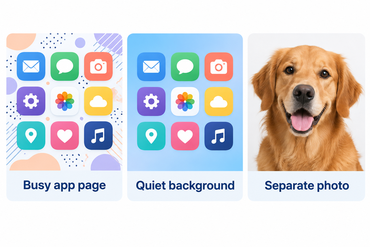 Start with the apps you use; a quiet background and separate Lock Screen photo are editorial design options.