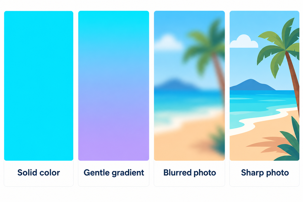 Compare solid color, gradient, blurred photo and sharp photo; iScreen editorial background choices.