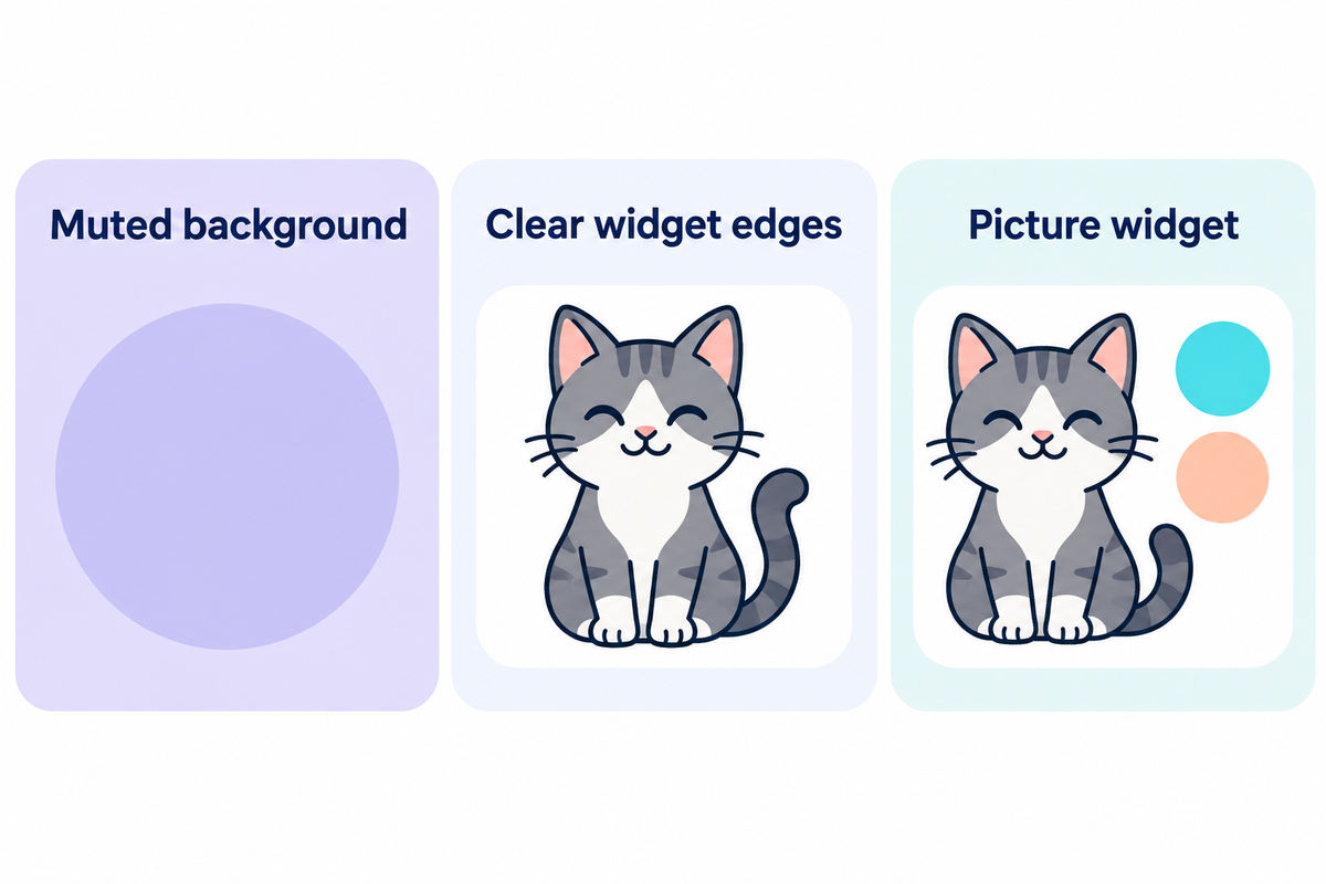 Support widget borders with a muted backdrop and keep detailed artwork in one place; iScreen design guidance.