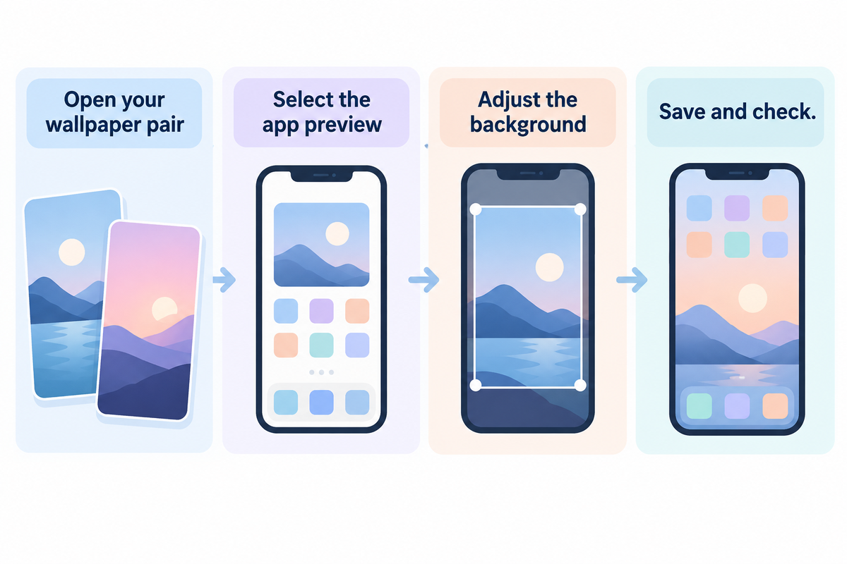 Select the Home Screen preview, adjust the background and save; Apple wallpaper guidance, interface varies.