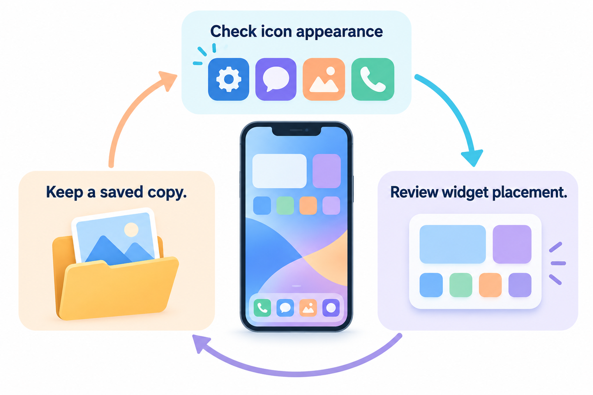 Recheck the background after icon or widget changes and keep a saved copy; Apple appearance guidance and iScreen advice.
