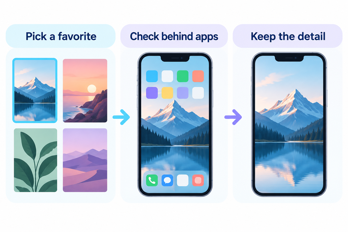 Choose a favorite wallpaper, check it behind your apps and keep a separate detailed Lock Screen version; iScreen guidance.