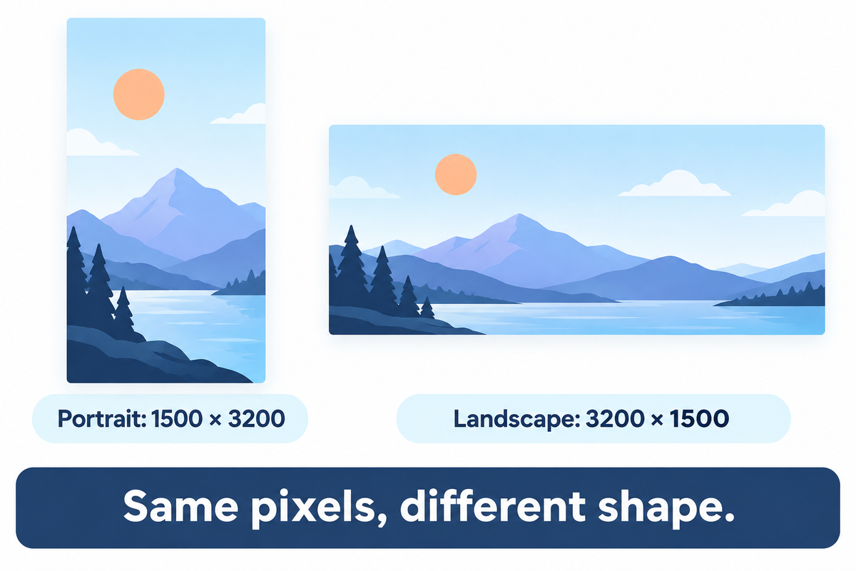 Reversing width and height keeps the pixel count but changes the fit; illustrative geometry from the guide.