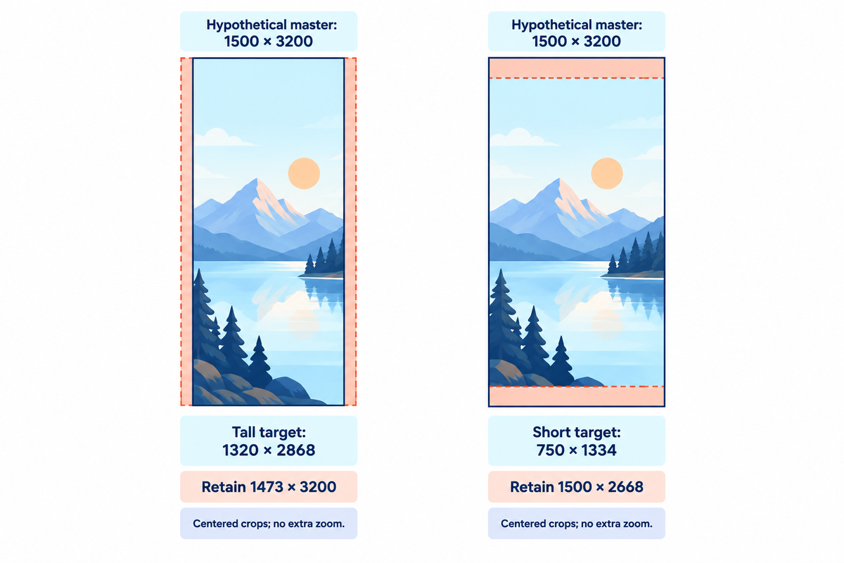 A hypothetical master loses side strips or top and bottom areas; centered-crop calculations in the article.