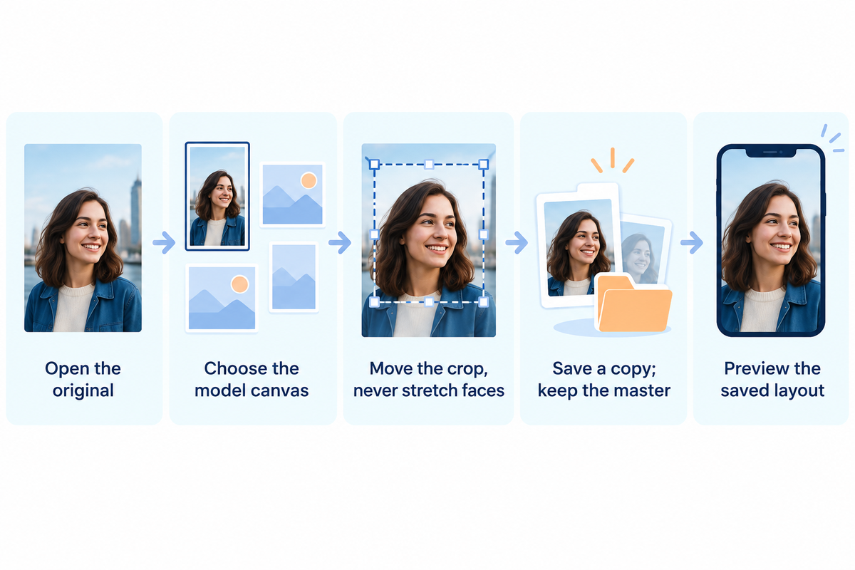 Preserve the original, choose the model canvas and preview a saved copy; the guide's five fitting steps.