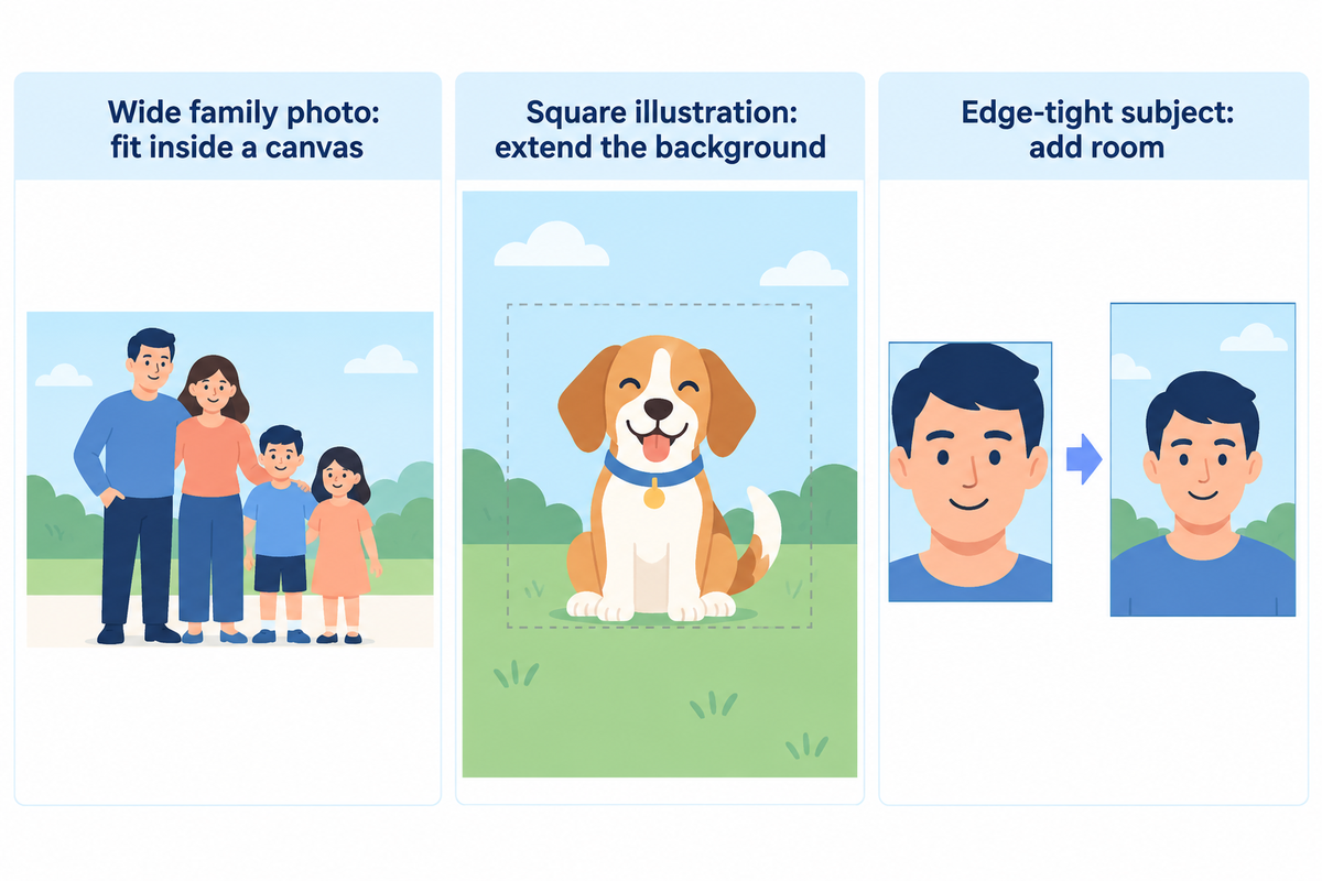 Fit a family photo, extend an illustration or add breathing room; selected cases from the composition table.