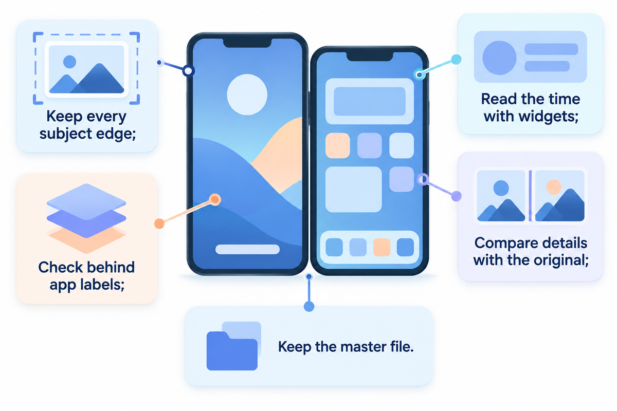 Review subject edges, clock, app labels and fine detail on both screens; the article's final preview checklist.