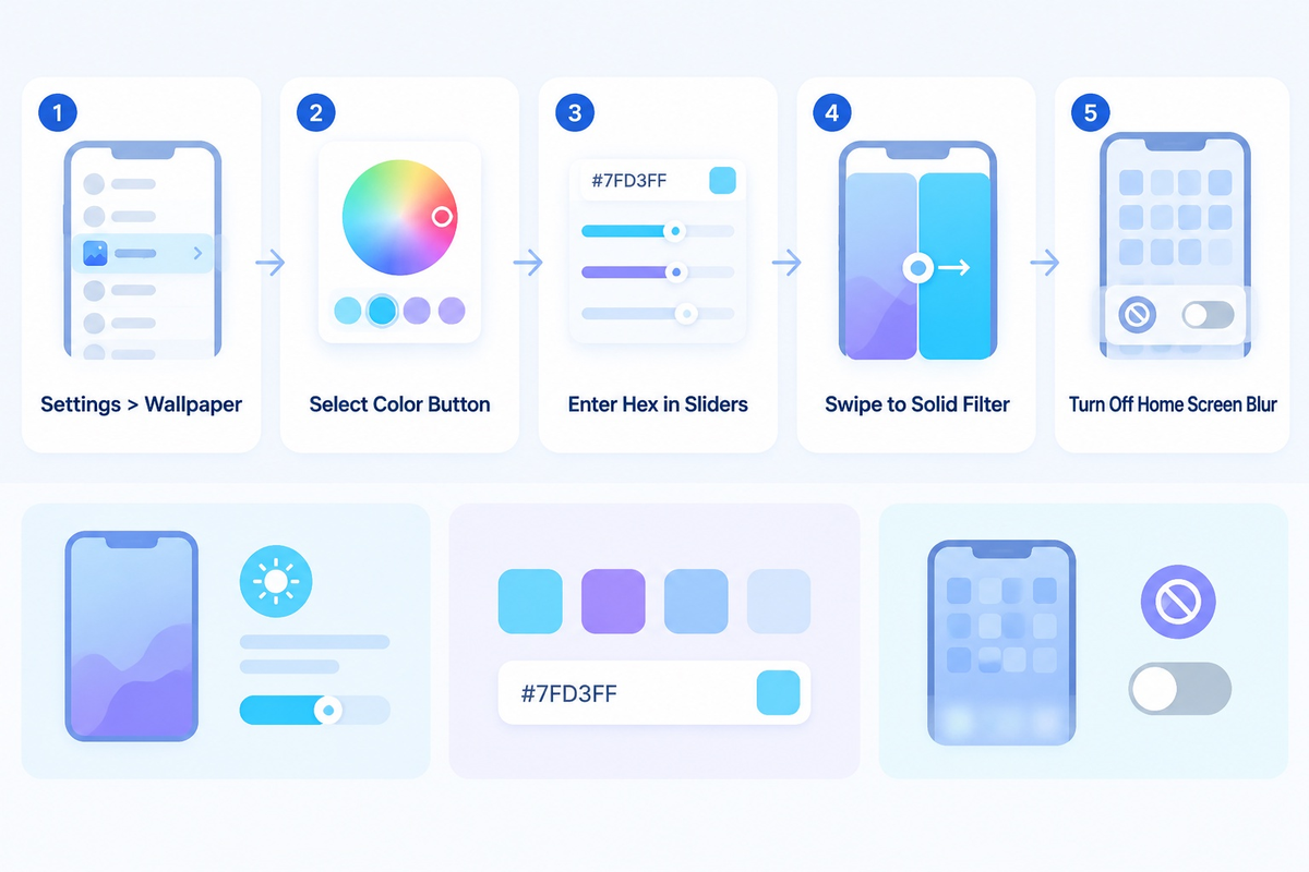 Five steps in iOS Wallpaper Settings to switch from Vibrant to the Solid filter and turn off Home Screen Blur (Apple Guide).